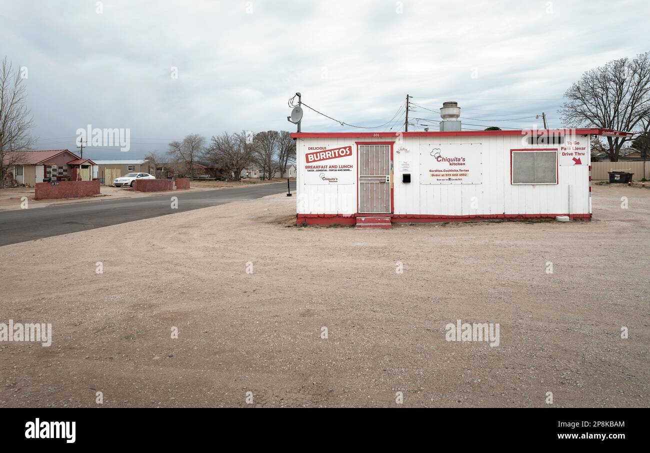 Hobbs, New Mexico, USA February 19, 2023 Exterior view of Chiquita’s Kitchen, a drivethru