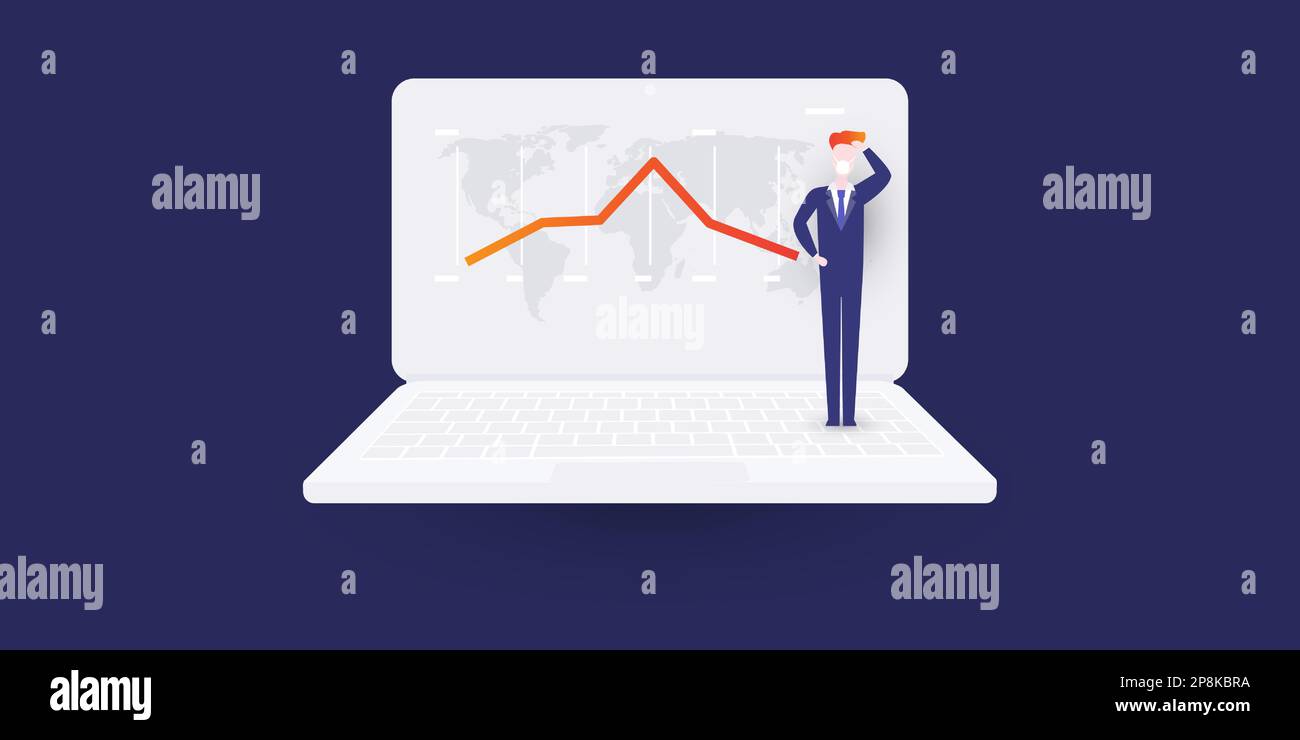 Global Economic Downfall Caused By the Coronavirus - Design Concept with Chart on a Computer Screen with Uncertain Businessman Scratching His Head Thi Stock Vector