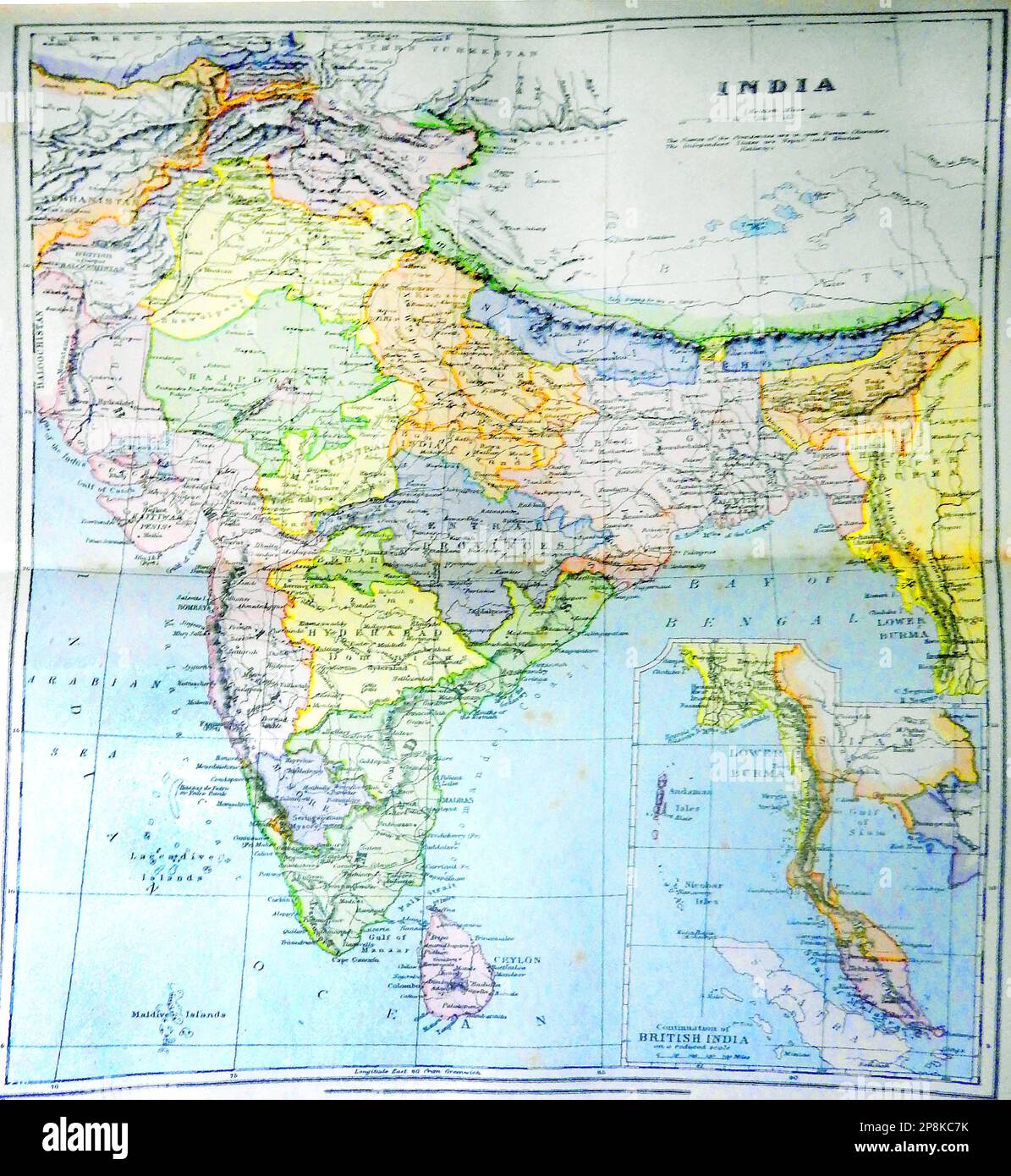 An old 19th century coloured map of India and what is now Pakistan  -19 वीं शताब्दी का एक पुराना रंगीन नक्शा भारत और अब पाकिस्तान क्या है  -  19 ویں صدی کا ایک پرانا رنگین نقشہ جو ہندوستان اور اب پاکستان ہے Stock Photo