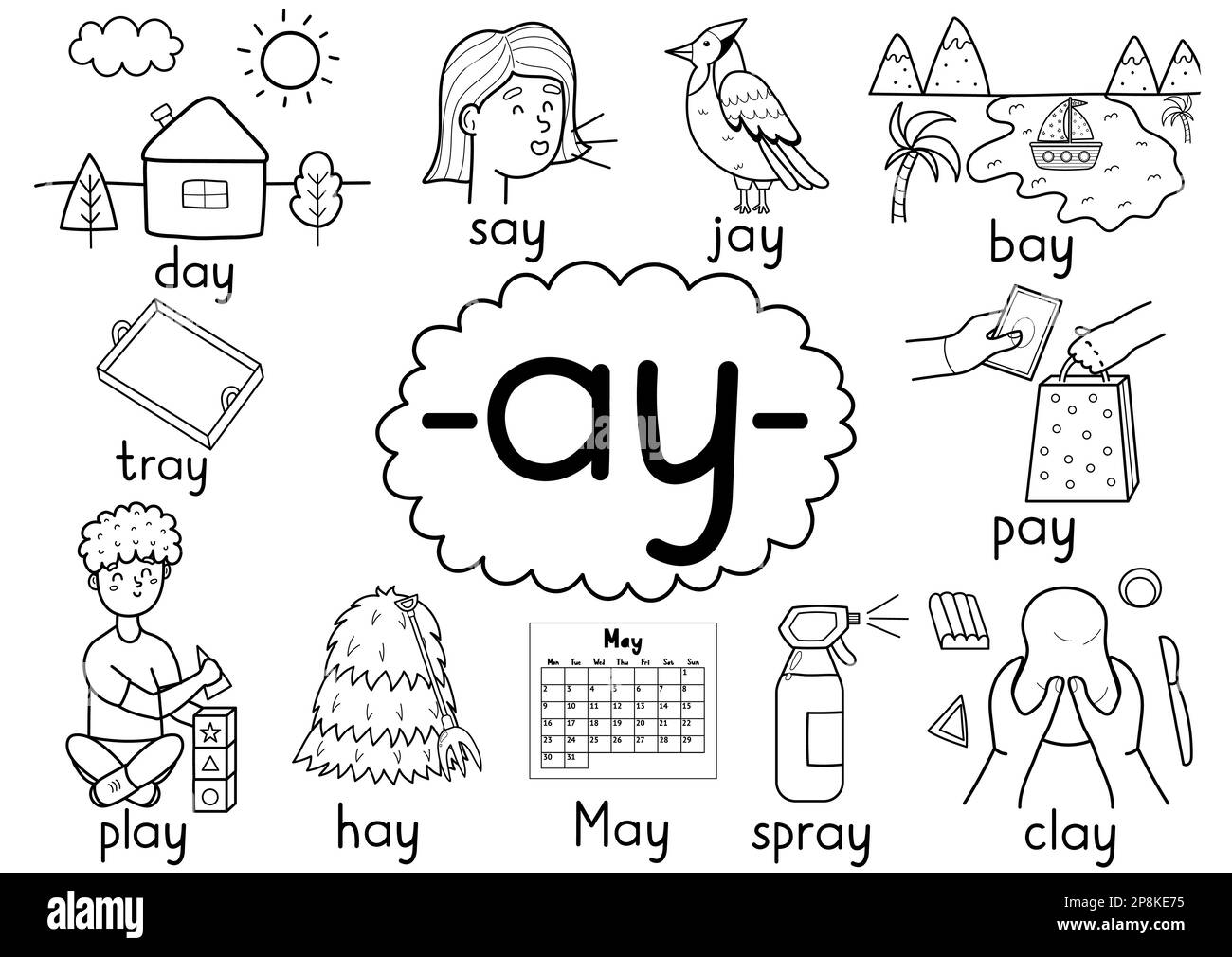 Ay digraph spelling rule black and white educational poster for kids Stock Vector