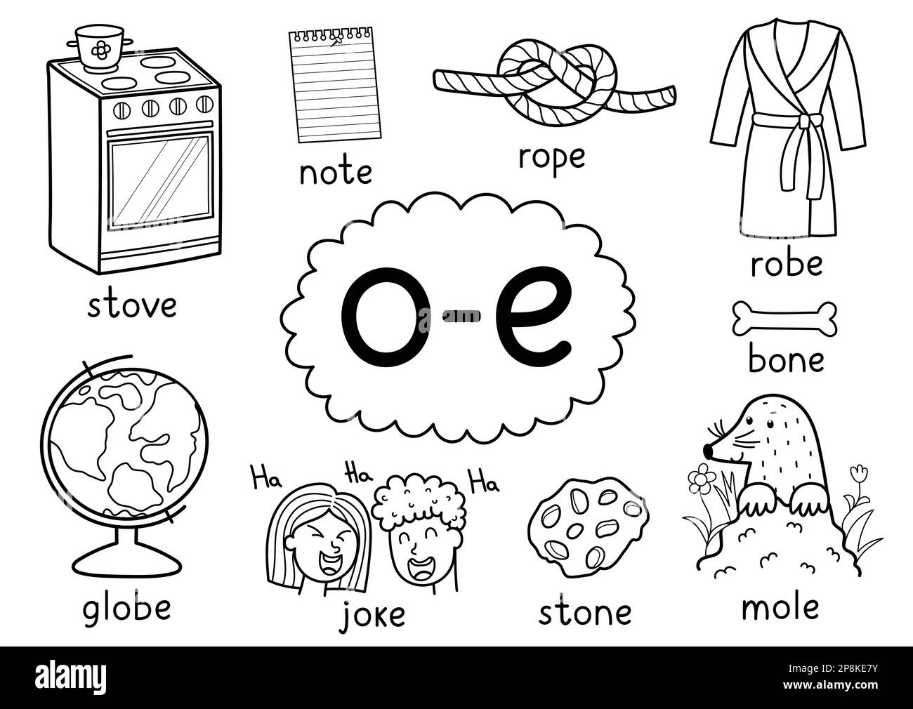 O-e digraph spelling rule black and white educational poster set for kids Stock Vector