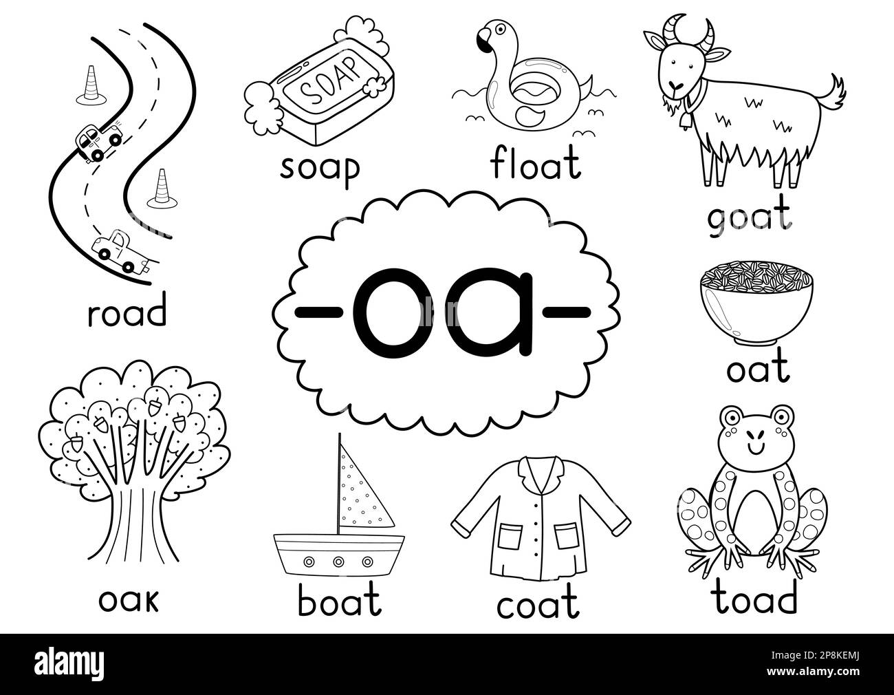Oa digraph spelling rule black and white educational poster for kids with words Stock Vector