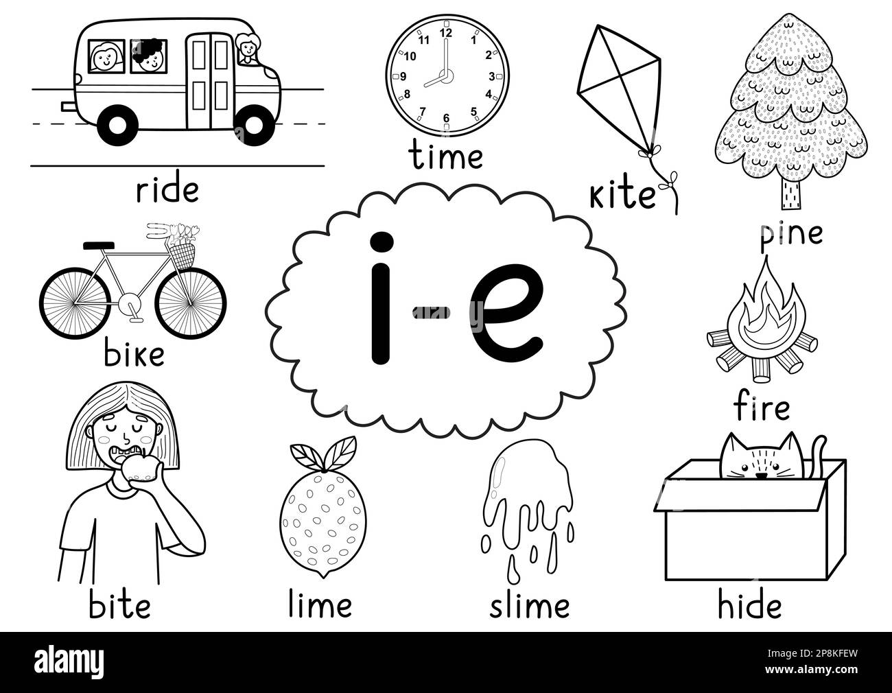 I-e digraph spelling rule black and white educational poster for kids with words Stock Vector