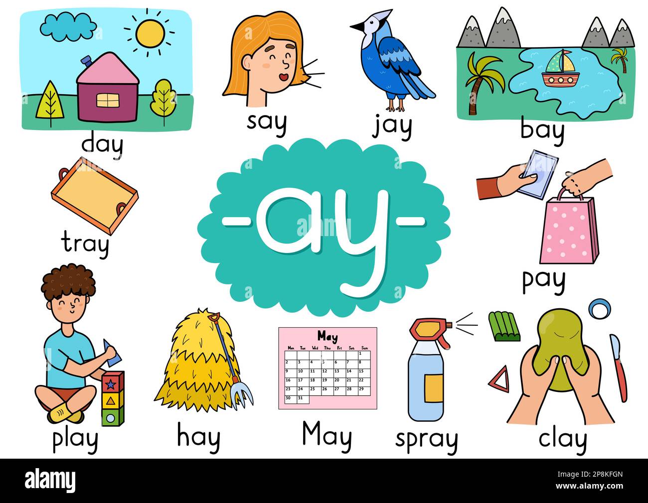 Ay digraph spelling rule educational poster set for kids stock vector