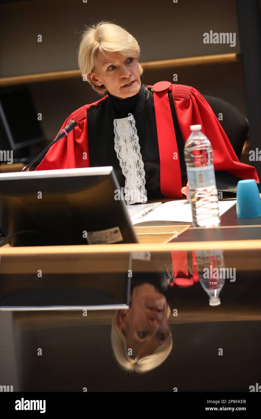 Chairwoman of the court Martine Baes pictured during the jury constitution session at the assizes trial of Di Mase for the death of Jean-Manuel Lange, before the Assizes Court of Hainaut Province in Mons on Thursday 09 March 2023. He is on trial for theft with manslaughter as an aggravating circumstance. BELGA PHOTO VIRGINIE LEFOUR Stock Photo