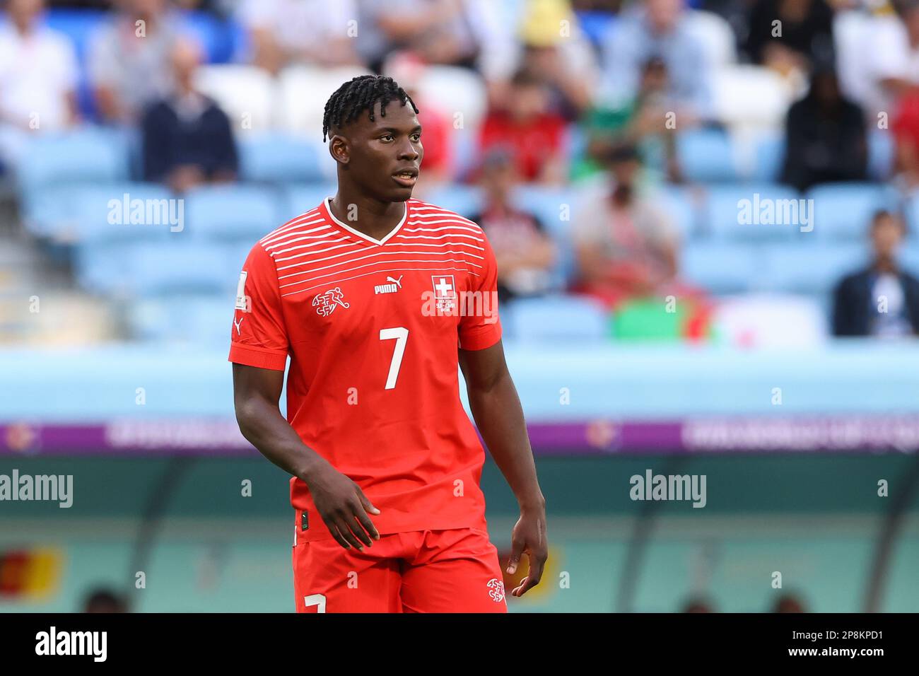 Breel Embolo of Switzerland seen during the FIFA World Cup Qatar 2022 match between Switzerland and Cameroon at Al Janoub Stadium. Final score: Switzerland 1:0 Cameroon. Stock Photo