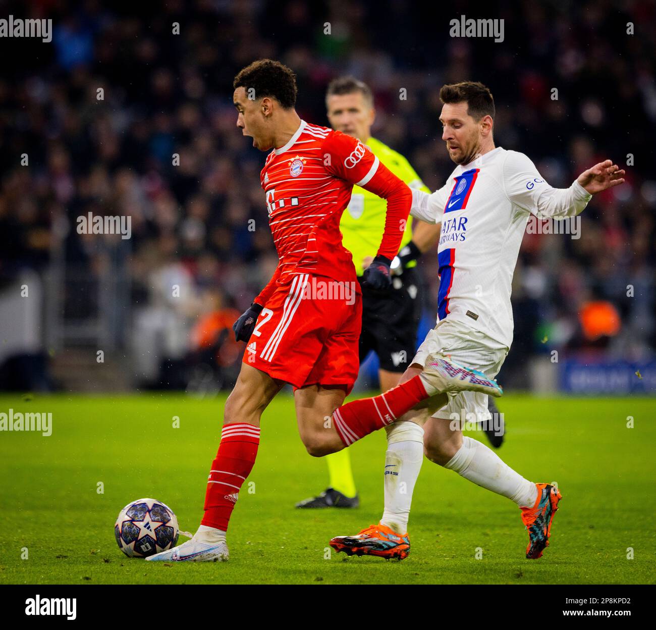 Munic, Germany. 8th Mar, 2023. Jamal Musiala (Muenchen), Lionel Messi ...