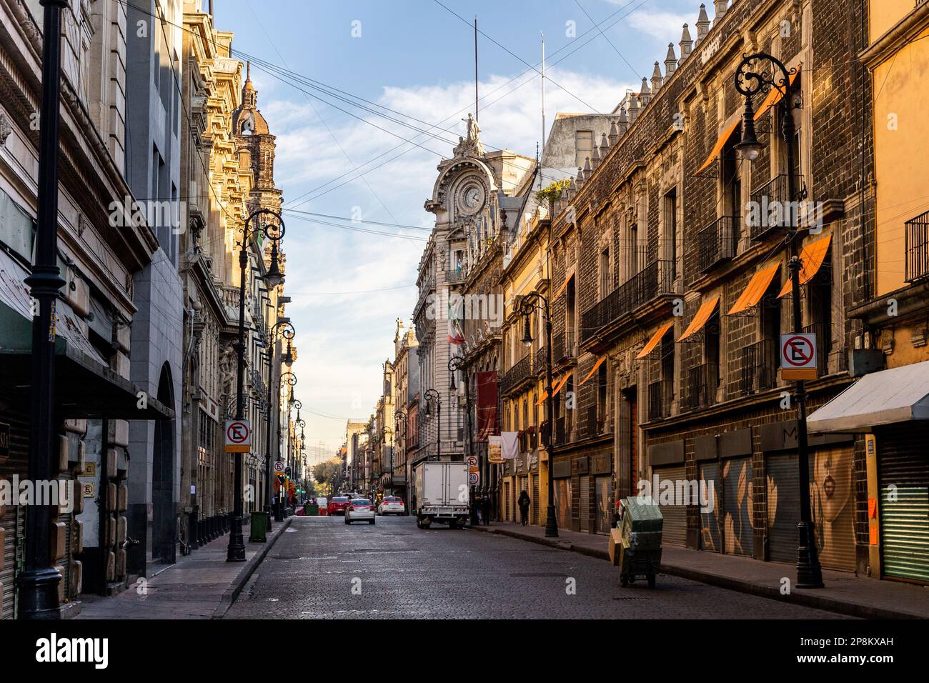 Early morning in Mexico City while it's quiet, with few people. Stock Photo