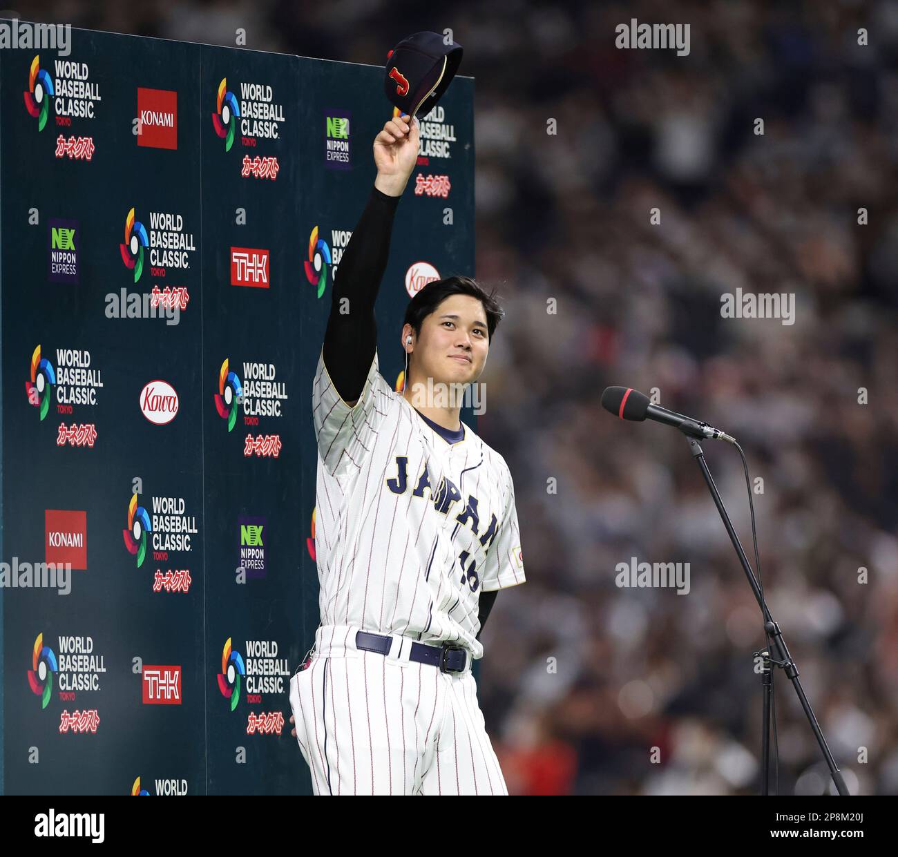 Japanese Shohei Ohtani celebrates after winning the World Baseball Classic ( WBC) Pool B match between Japan