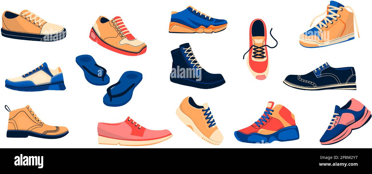 Mens shoes collection. Fashionable male sneakers athletic footgear casual and formal boots cartoon flat style, trendy pairs of footwear. Vector Stock Vector