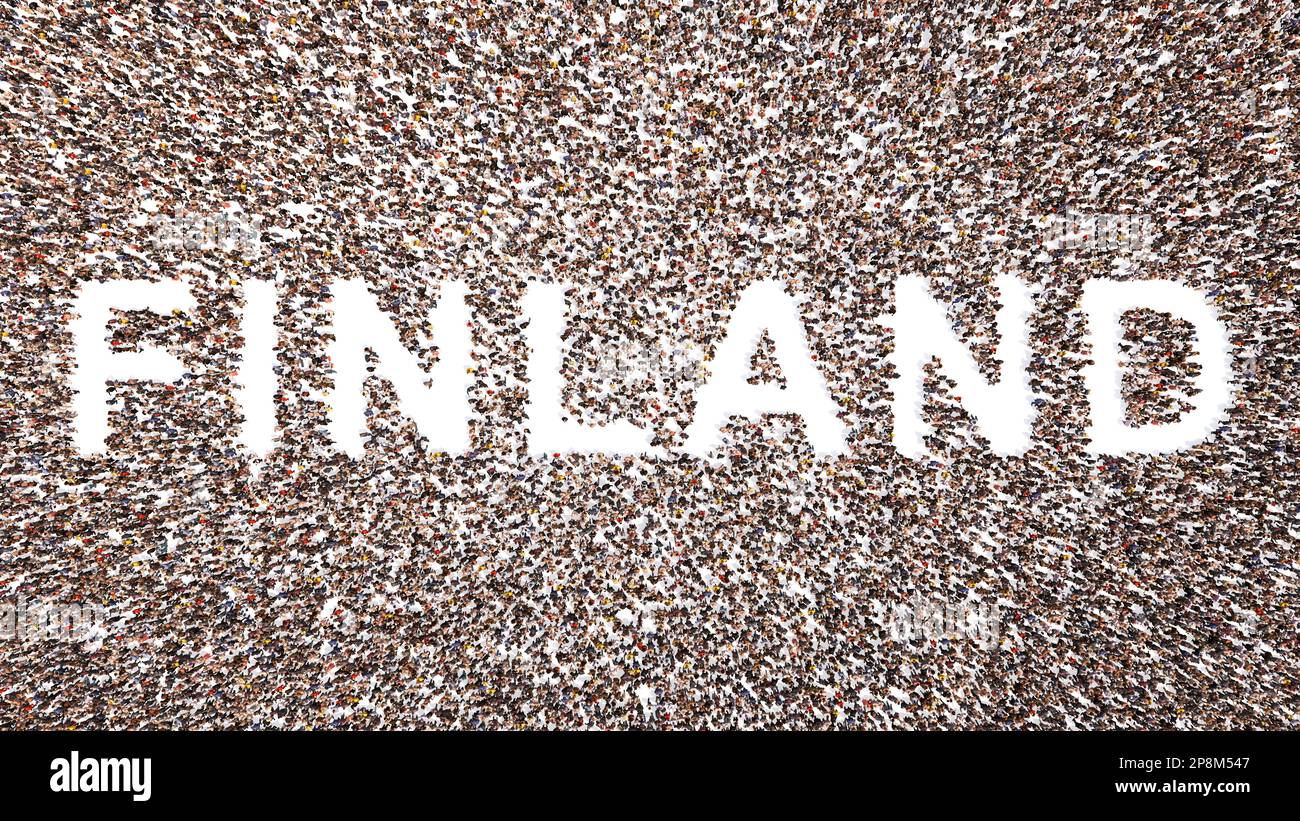 Conceptual large community of people forming the word FINLAND. 3d illustration metaphor for culture, history and education, politics, economy Stock Photo