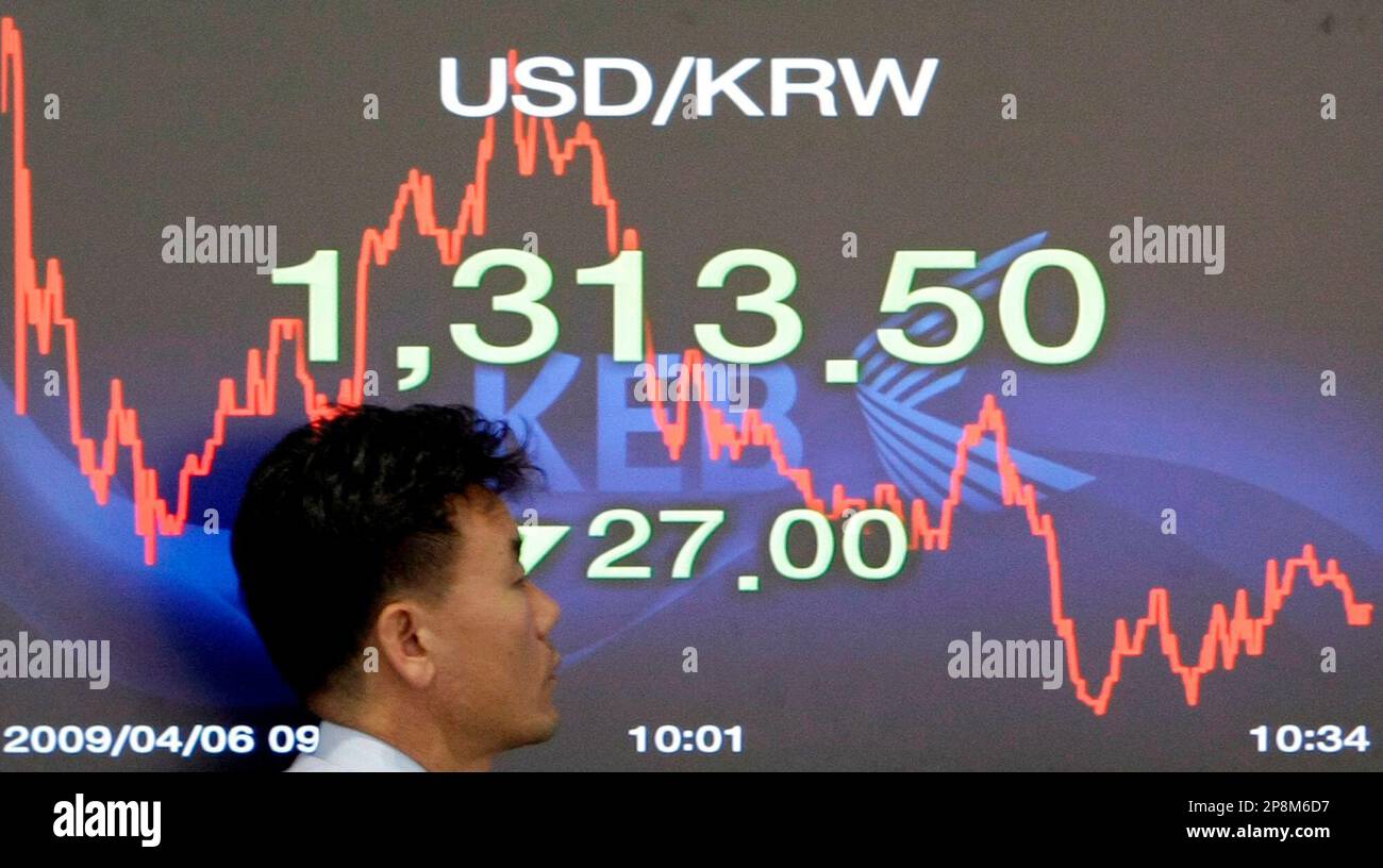 A currency trader walks past a screen showing the exchange rate between