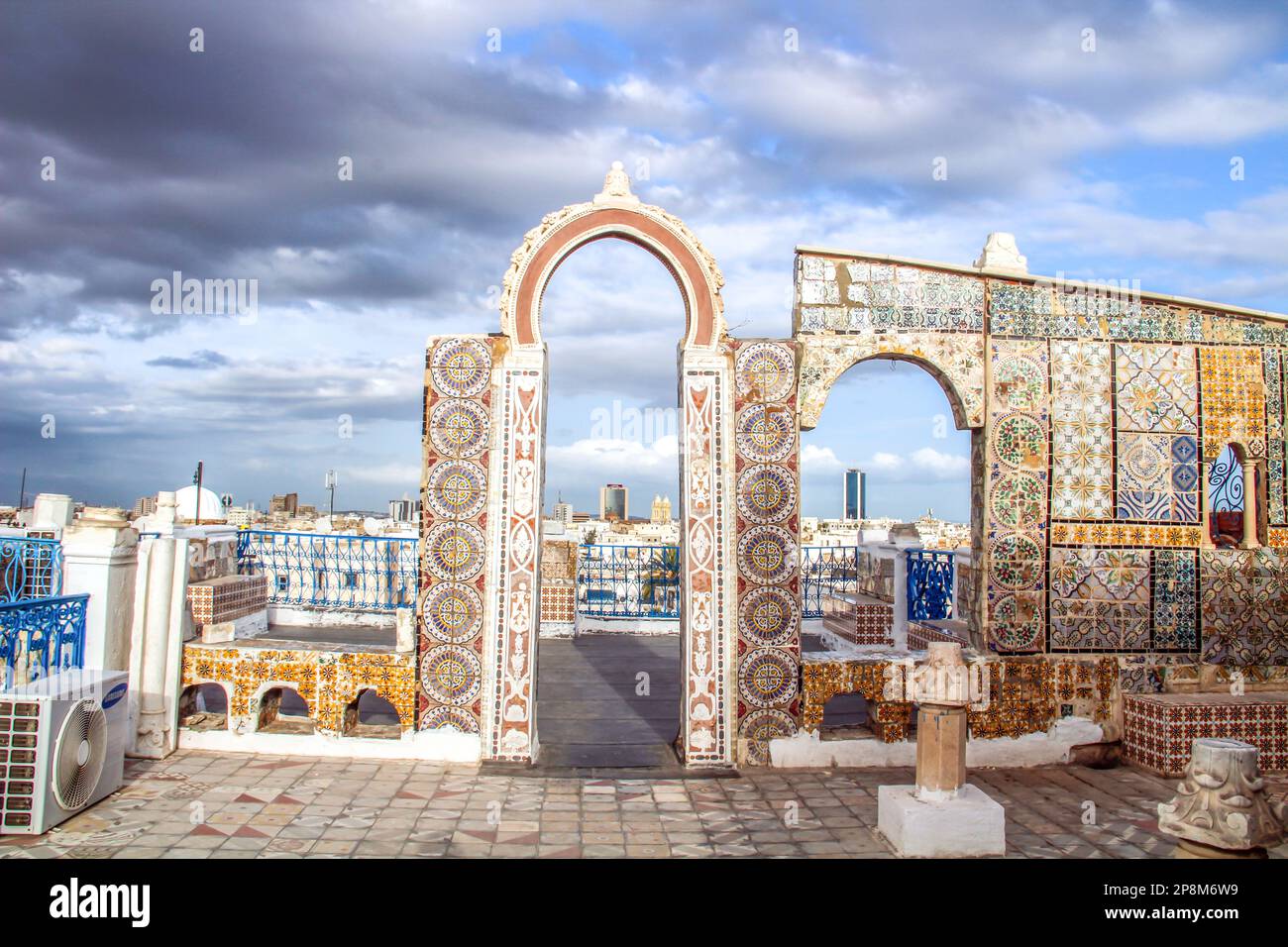 Traditional arc. Terrace of Medina, Tunis Stock Photo
