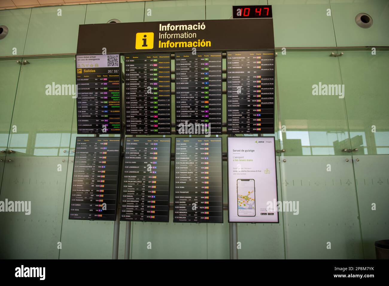 Barcelona,Spain- February 24,2023:View of flight departure board indicating boarding time and gate for different flights. Stock Photo