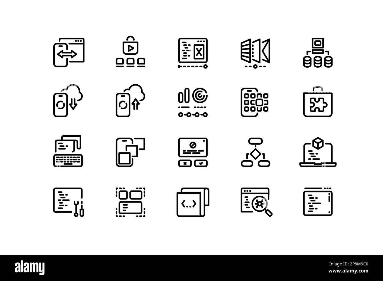App development line icons. Software coding, front and backend development, UI layout and performance optimization. Vector editable stroke collection Stock Vector