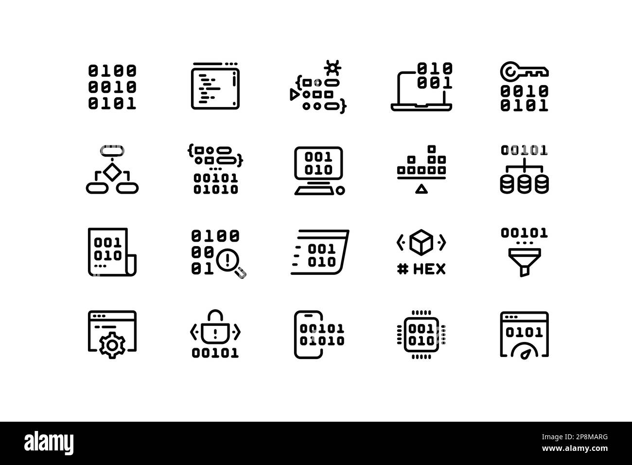 Programming code line icons. Binary hex and machine code compiling and running, software and operating system development. Vector editable stroke Stock Vector