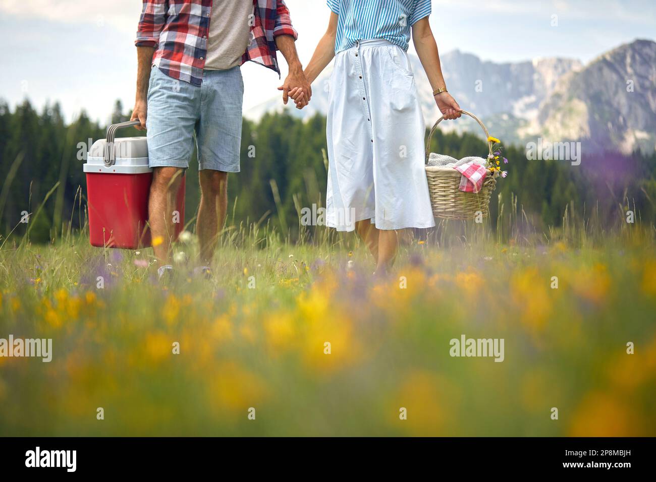 Young man and woman in love holding hands.Couple is holding picnic equipment. Stock Photo