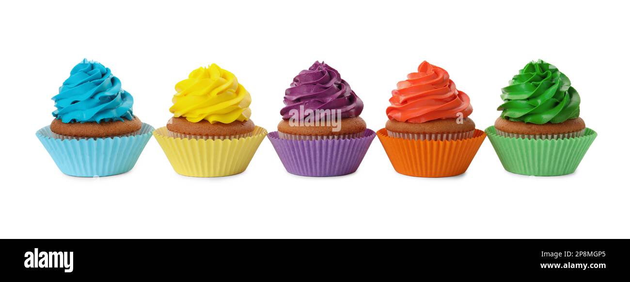 Different delicious colorful cupcakes on white background Stock Photo