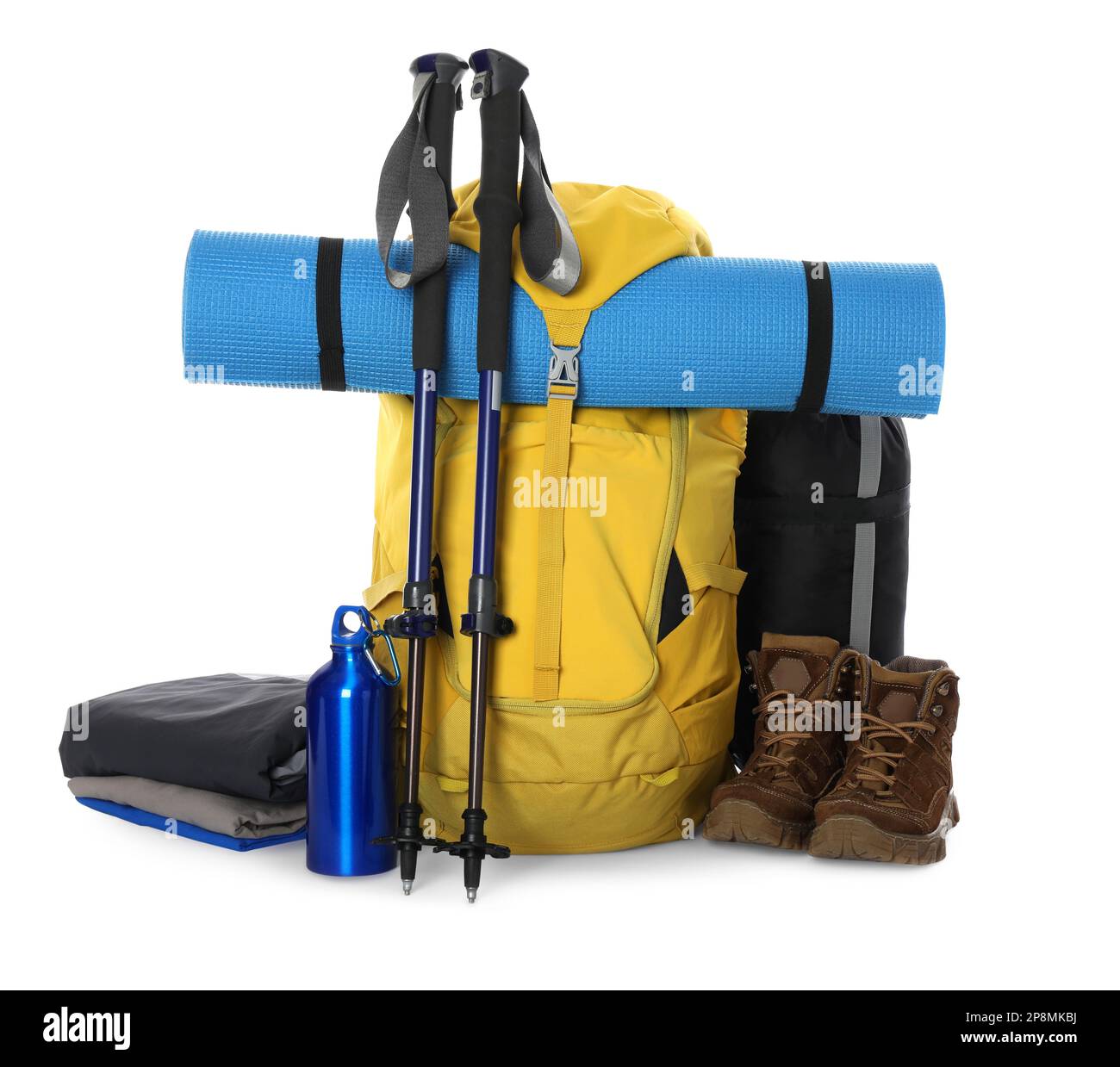 Trekking poles and other hiking equipment on white background Stock