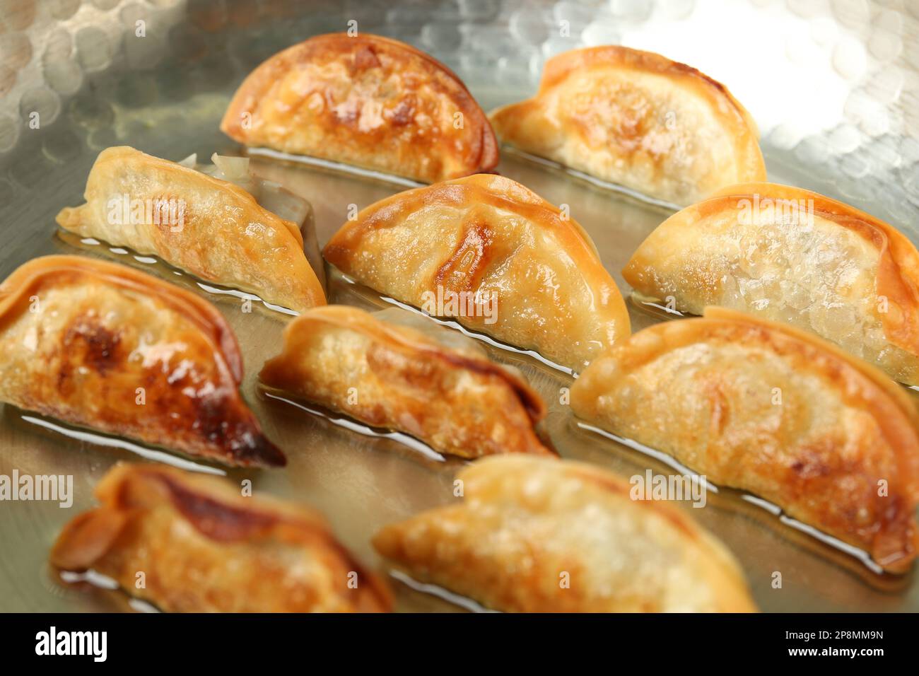 Cooking gyoza on frying pan with hot oil, closeup Stock Photo Alamy