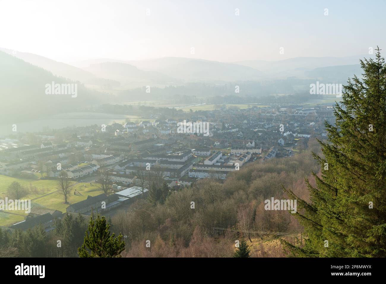 The Scottish Borders town of Innerleithen seen from Pirn Craig Hill Stock Photo