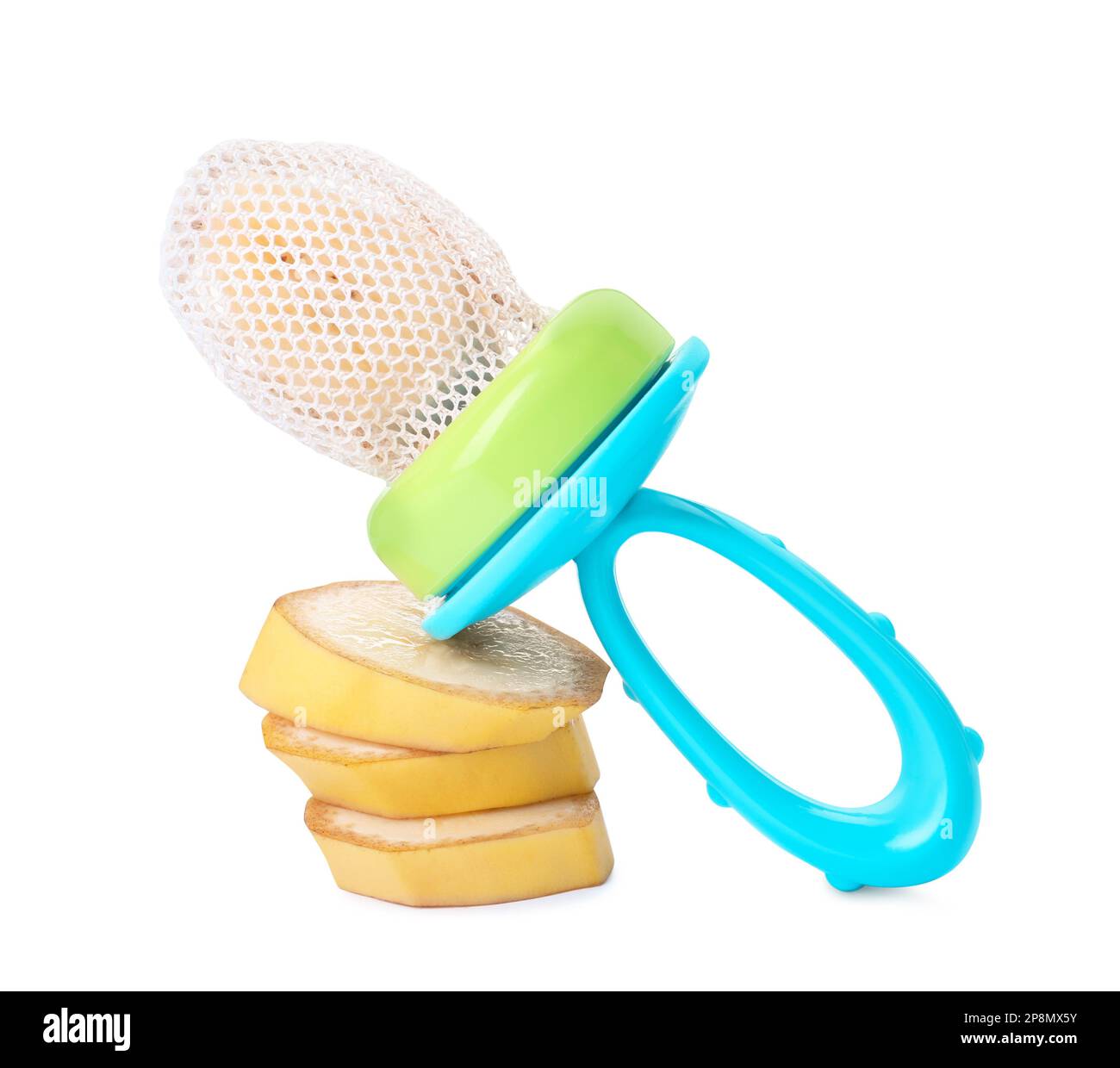 Nibbler with fresh banana on white background. Baby feeder Stock Photo