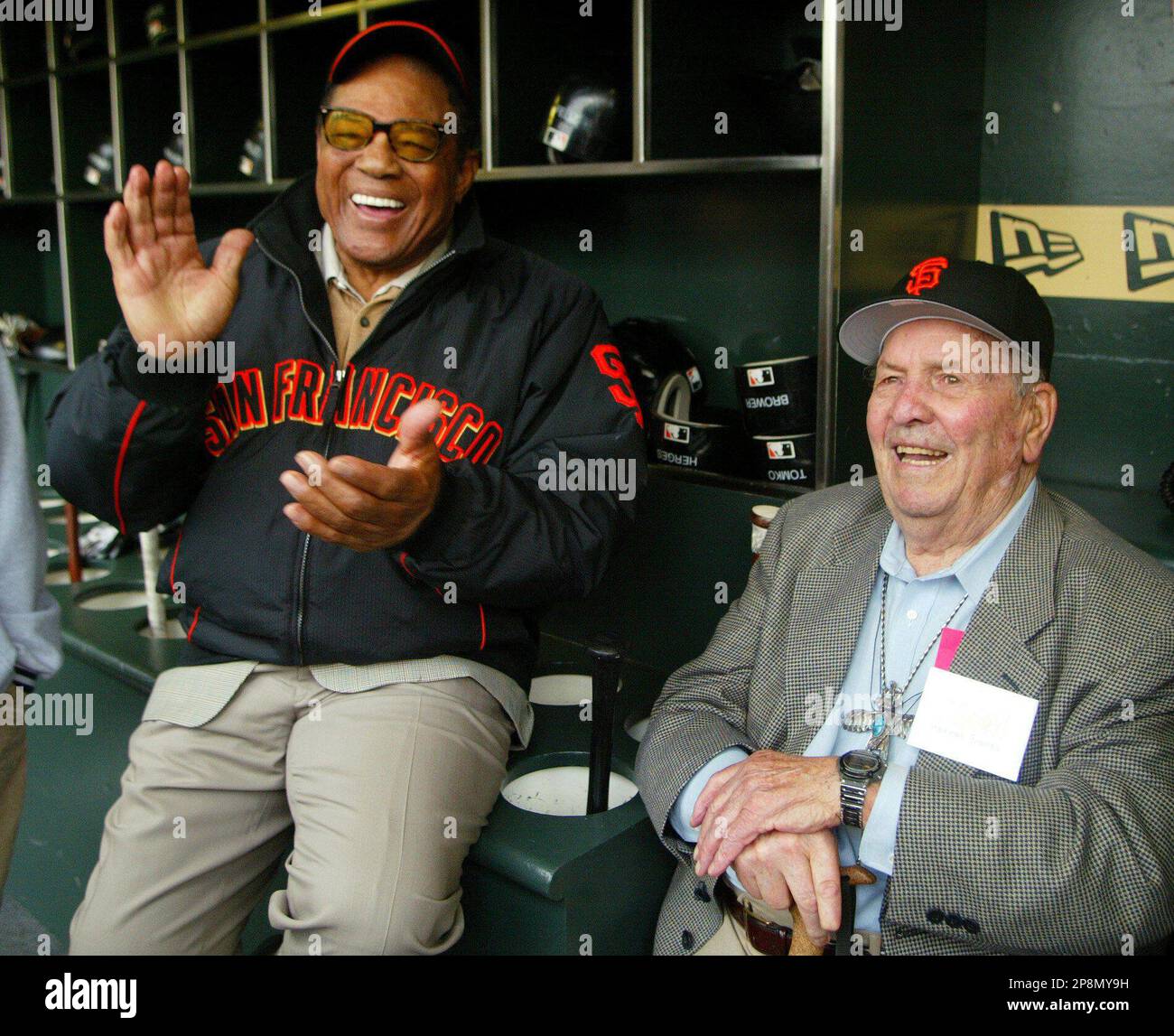 ** FILE ** In this July 31, 2004, file photo, Willie Mays, left, and Herman Franks, both members
