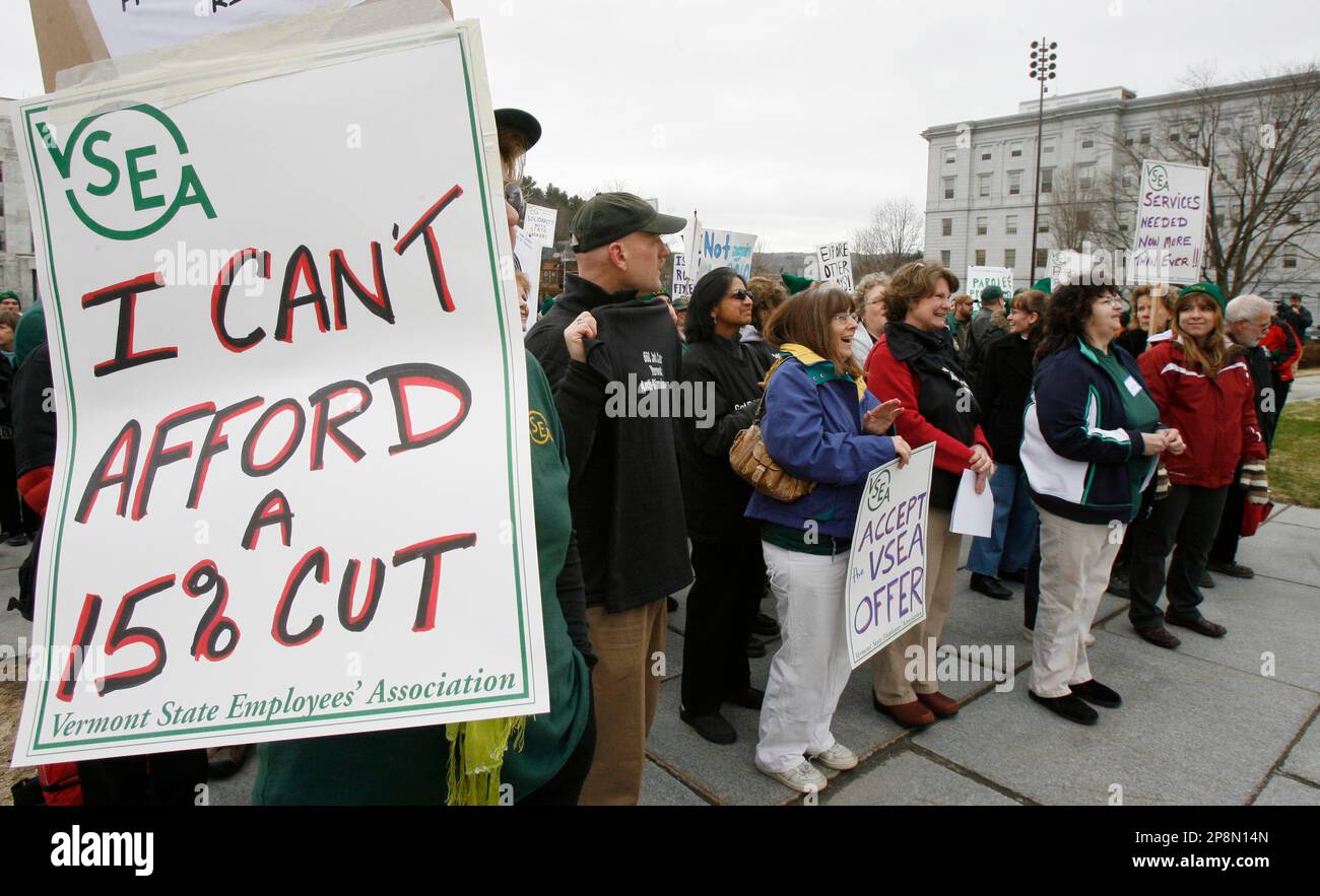 State employees rally at the Statehouse in Montpelier, Vt., Tuesday