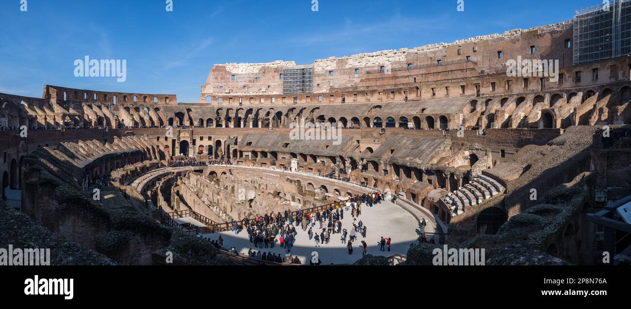 The Colosseum is an elliptical amphitheatre in the centre of the city of Rome, Italy. It was used for gladiatorial contests and public spectacles. Stock Photo