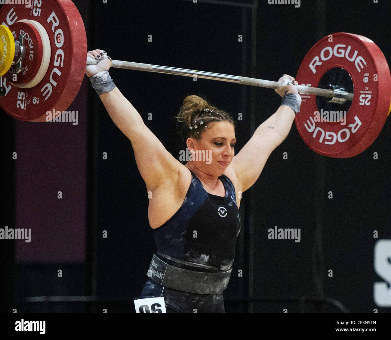 Columbus, Ohio, United States. 3th Mar, 2023. Shelby Pflug competes in the snatch in the Women's 64kg category at the Rogue Stage in Columbus, Ohio, USA. Credit: Brent Clark/Alamy Live News Stock Photo