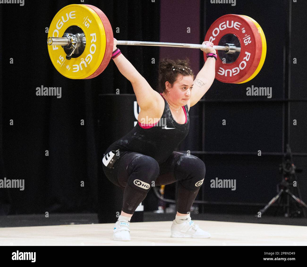 Columbus, Ohio, United States. 3th Mar, 2023. Anna Mcelderry snatches 100kgs in the Women's 76kg category at the Rogue Stage in Columbus, Ohio, USA. Credit: Brent Clark/Alamy Live News Stock Photo