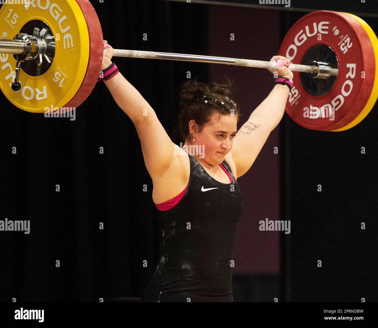 Columbus, Ohio, United States. 3th Mar, 2023. Anna Mcelderry snatches 100kgs in the Women's 81kg category at the Rogue Stage in Columbus, Ohio, USA. Credit: Brent Clark/Alamy Live News Stock Photo