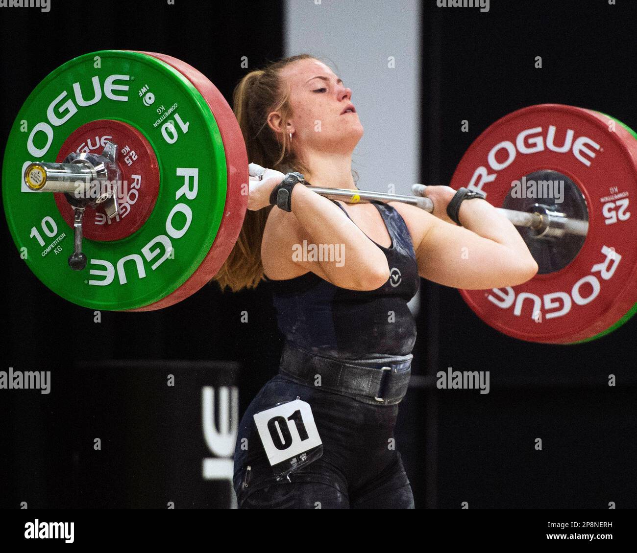 Columbus, Ohio, United States. 3th Mar, 2023. Miranda Ulrey attempts to lift 95kgs at the Weightlifting competiton in the Women's 55kg category in the clean and jerk in Columbus, Ohio, USA. Credit: Brent Clark/Alamy Live News Stock Photo