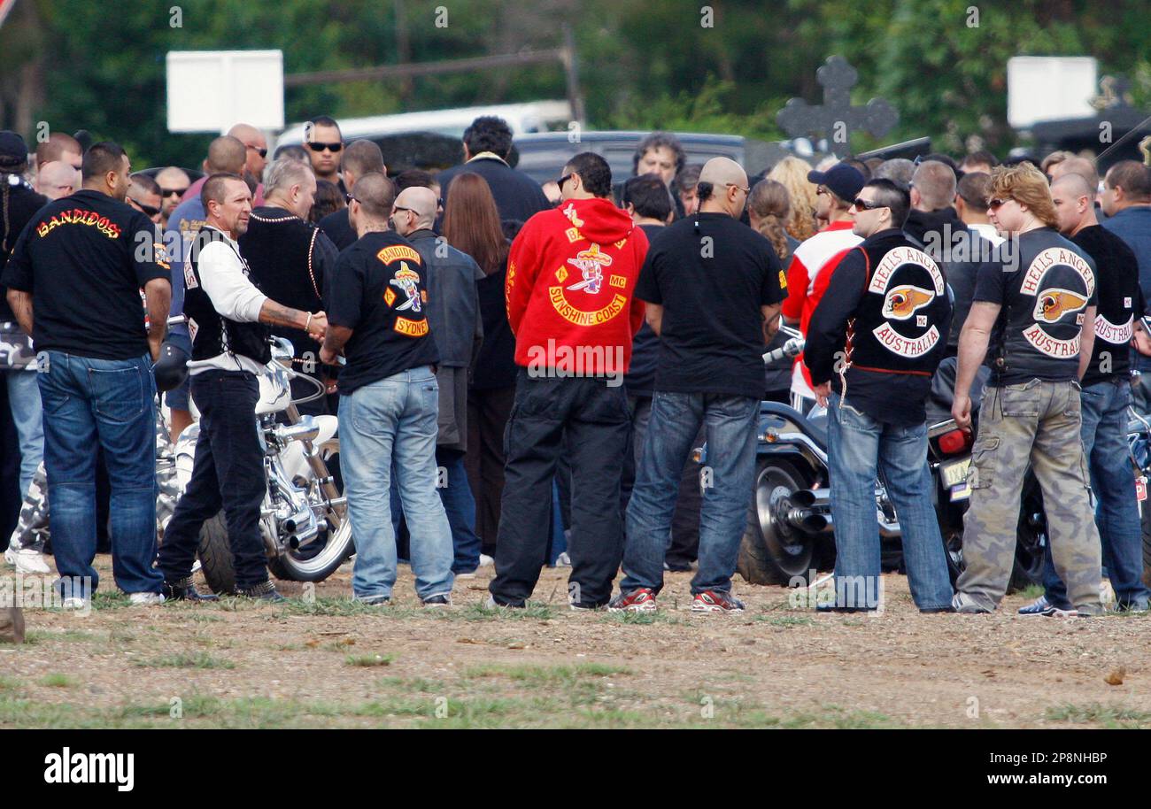 Members of rival bikie gangs the Hells Angels and the Bandidos greet ...