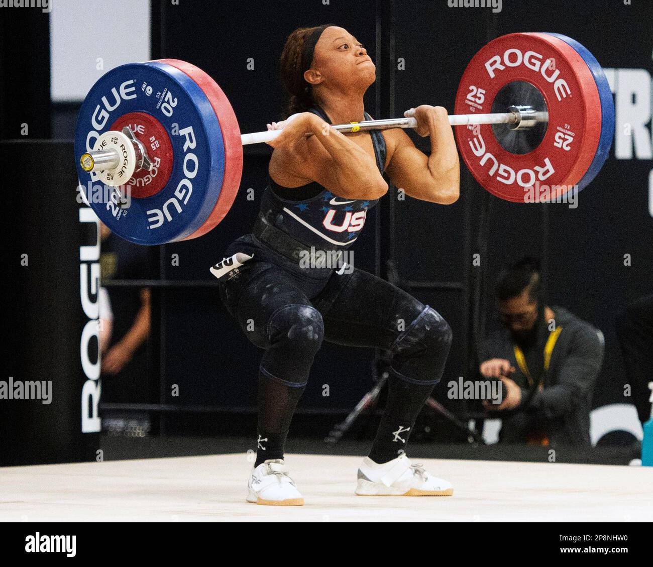 Columbus, Ohio, United States. 3th Mar, 2023. Shayla Moore lifts 116kgs in the clean and jerk in the Women's 59kg category at the Rogue Stage in Columbus, Ohio, USA. Credit: Brent Clark/Alamy Live News Stock Photo