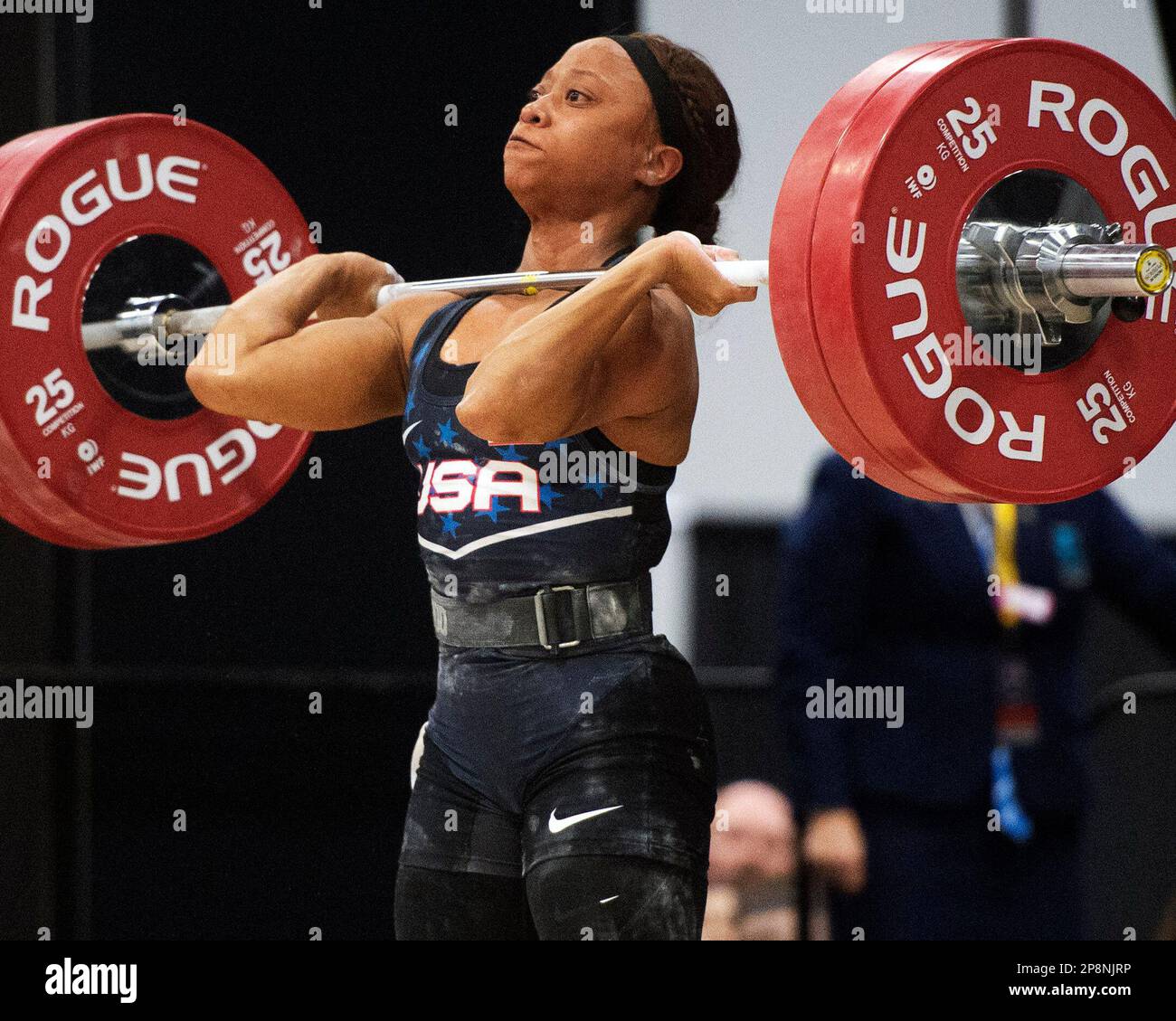 Columbus, Ohio, United States. 3th Mar, 2023. Shayla Moore competes in the clean and jerk in the Women's 59kg category at the Rogue Stage in Columbus, Ohio, USA. Credit: Brent Clark/Alamy Live News Stock Photo