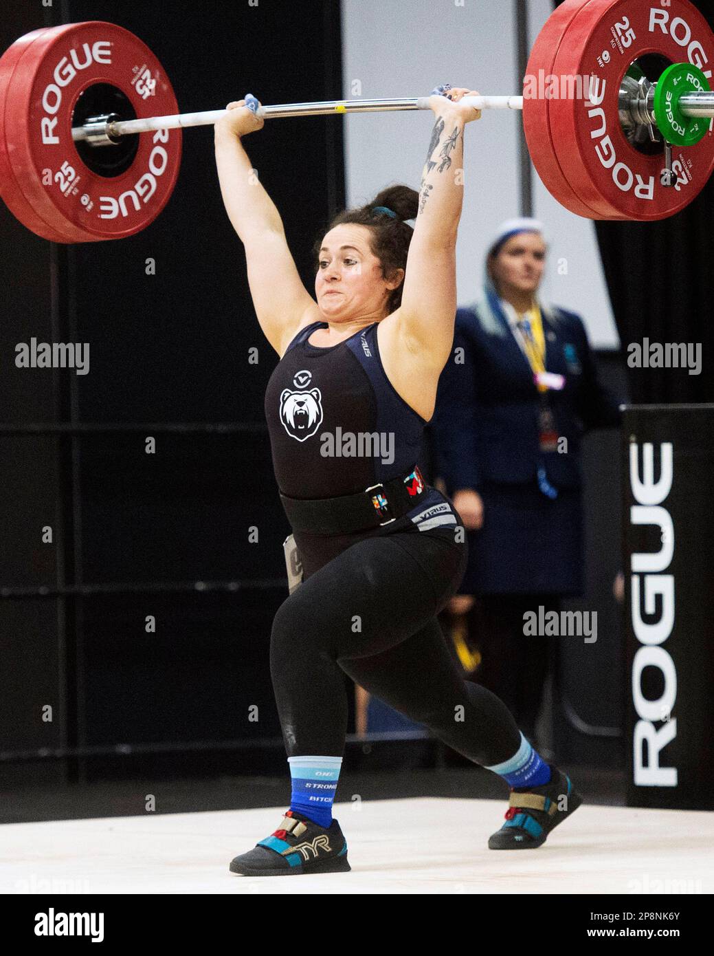 Columbus, Ohio, United States. 3th Mar, 2023. Estelle Rohr clean and jerks 122kgs in the Women's 76kg category at the Rogue Stage in Columbus, Ohio, USA. Credit: Brent Clark/Alamy Live News Stock Photo