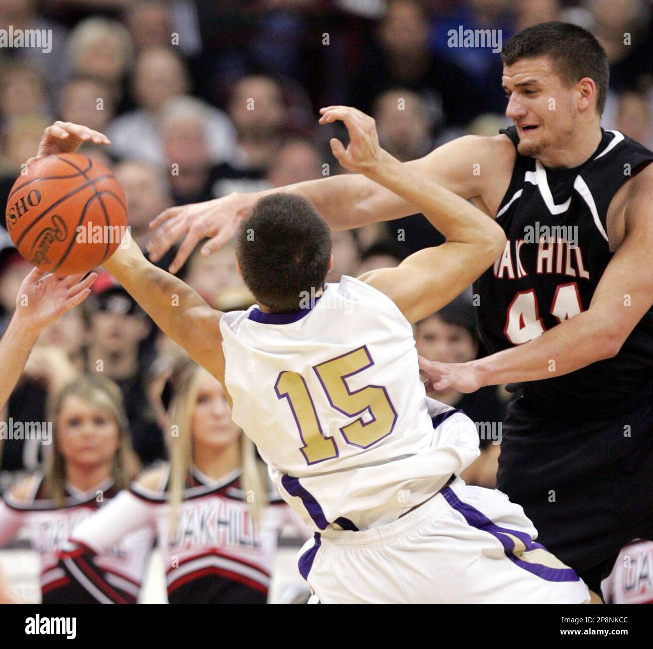 Oak Hill s J.D. Hale right blocks a shot by Ada s Konnor Baker during the first quarter of a Division IV boys Ohio state basketball semifinal game Thursday March 26 2009 in Columbus