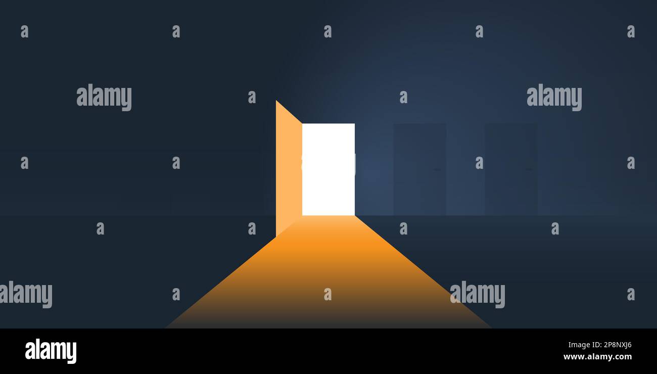 Dark Room, Light Coming In Through an Open Door - New Possibilities, Hope, Overcome Problems, Solution Finding Concept Stock Vector