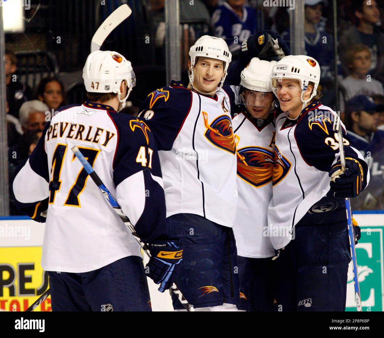 Atlanta Thrashers', from left, Colby Armstrong, Jason Williams and