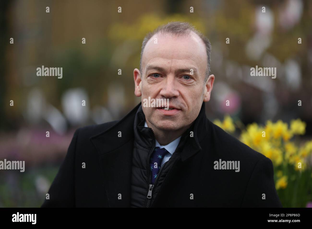 Northern Ireland Secretary Chris Heaton-Harris speaks to the media during a press conference outside the Hillmount Garden Centre, on the Upper Braniel Road in Belfast, during his visit to Northern Ireland to sell the Windsor Framework deal. Picture date: Thursday March 9, 2023. Stock Photo