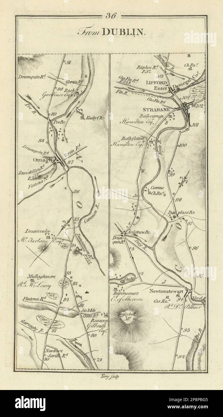 #36 Dublin to Londonderry. Lifford Strabane Omagh Tyrone TAYLOR/SKINNER 1778 map Stock Photo