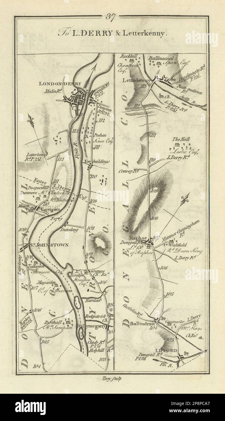 #37 To Londonderry & Letterkenny. Raphoe Lifford. TAYLOR/SKINNER 1778 old map Stock Photo