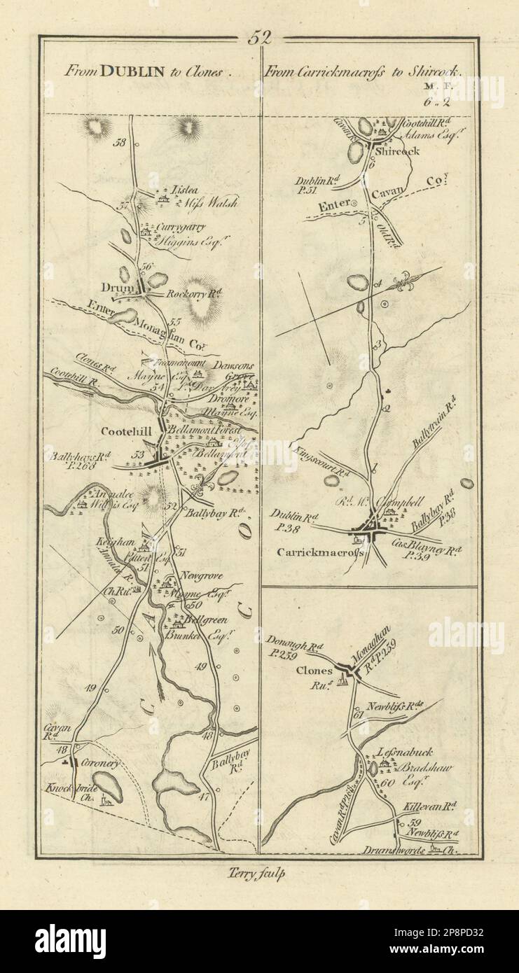 #52 to Clones. Carrickmacross to Shercock. Cootehill. TAYLOR/SKINNER 1778 map Stock Photo