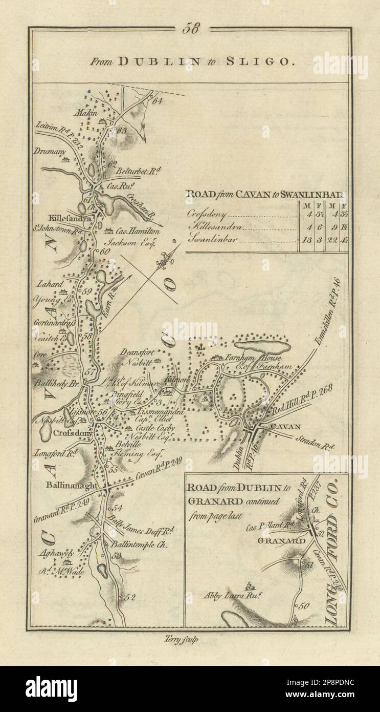 #58 Dublin to Sligo. Cavan Granard Ballinagh. TAYLOR/SKINNER 1778 old map Stock Photo