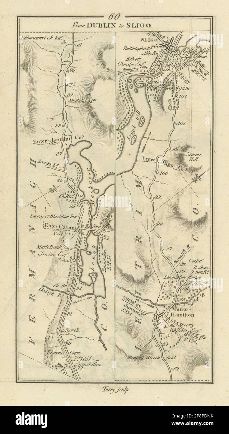 #60 Dublin to Sligo. Manorhamilton Loch Macnean Leitrim. TAYLOR/SKINNER 1778 map Stock Photo