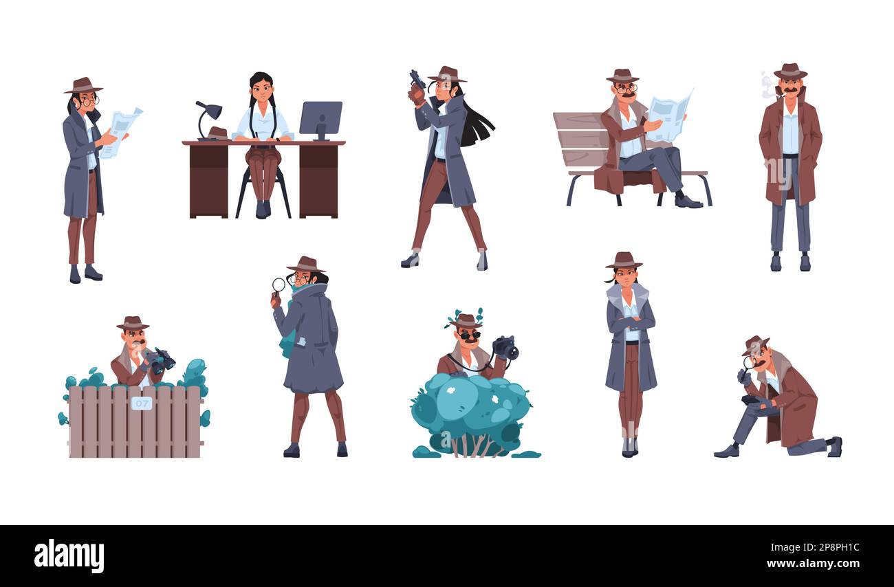 Man and woman detective. Cartoon private inspector characters investigate crime searching for evidence, male female police agents at work. Vector set Stock Vector