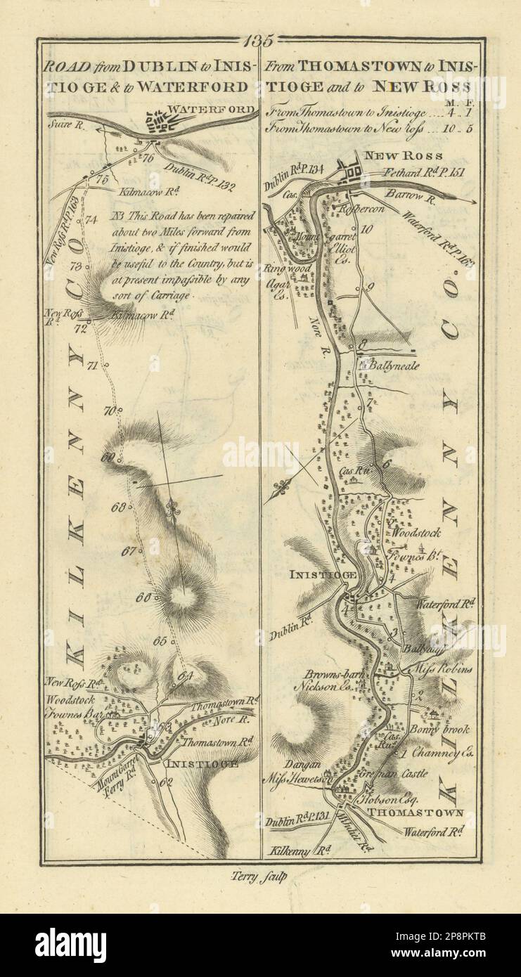 #135 Inistioge to Waterford / Thomastown to New Ross. TAYLOR/SKINNER 1778 map Stock Photo