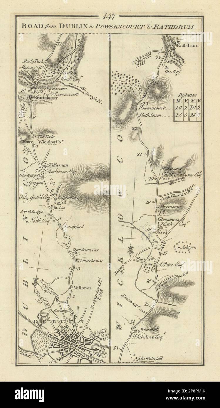 #147 Dublin to Powerscourt & Rathdrum. Enniskerry. TAYLOR/SKINNER 1778 old map Stock Photo