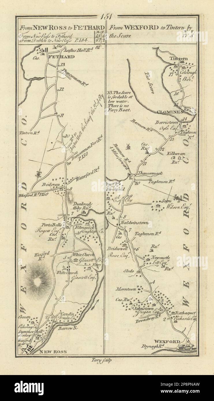 #151 New Ross to Fethard / Wexford to Tintern. Clonmines TAYLOR/SKINNER 1778 map Stock Photo